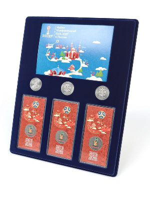 Планшет S (234х296х12 мм) для 3 монет 25 рублей и 3 монет 25 рублей в блистере «Футбол 2018» + Открытка. Казань. Официальная символика