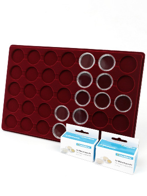 Планшет L (222х333х13 мм) для 35 монет в капсулах CAPS 30,5 и 31 Leuchtturm. Диаметр ячейки 37 мм