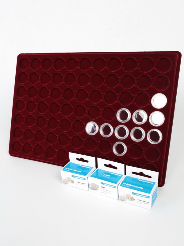 Планшет L (222х333х13 мм) для 77 монет в капсулах CAPS 18, 19 и 19,5 Leuchtturm. Диаметр ячейки 25 мм