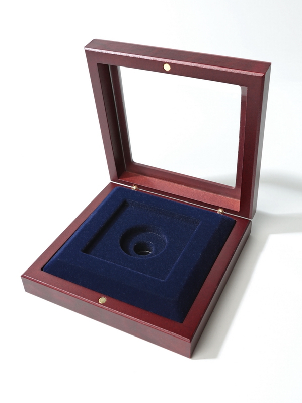 Деревянный футляр с прозрачным окном Volterra (120х120х34 мм) под знак с винтом,  тёмно-синий