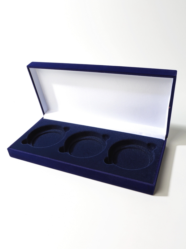 Футляр (260х121х38 мм) для 3 монет в капсулах (диаметр 74 мм), тёмно-синий