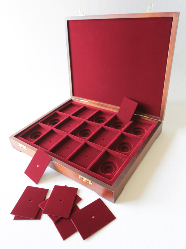  Футляр деревянный Vintage S (305х247х54 мм) на 15 ячеек (49х63х10 мм) под знаки с винтами + комплект вставок, тёмно-бордовый