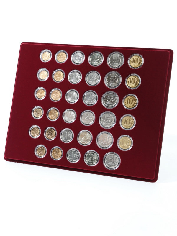  Набор из 6 планшетов S (234х296х12 мм) для монет России регулярного выпуска. 1997–2019. В капсулах Leuchtturm, тёмно-бордовый