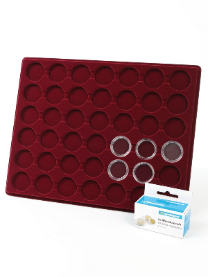 Планшет S (234х296х12 мм) для 42 монет в капсулах CAPS 26 Leuchtturm. Диаметр ячейки 32,5 мм. Вид 2