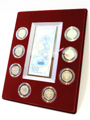 Планшет S (234х296х12 мм) для 1 банкноты Сочи-2014 в капсуле и 8 монет Сочи-2014 в капсулах. Вертикальный