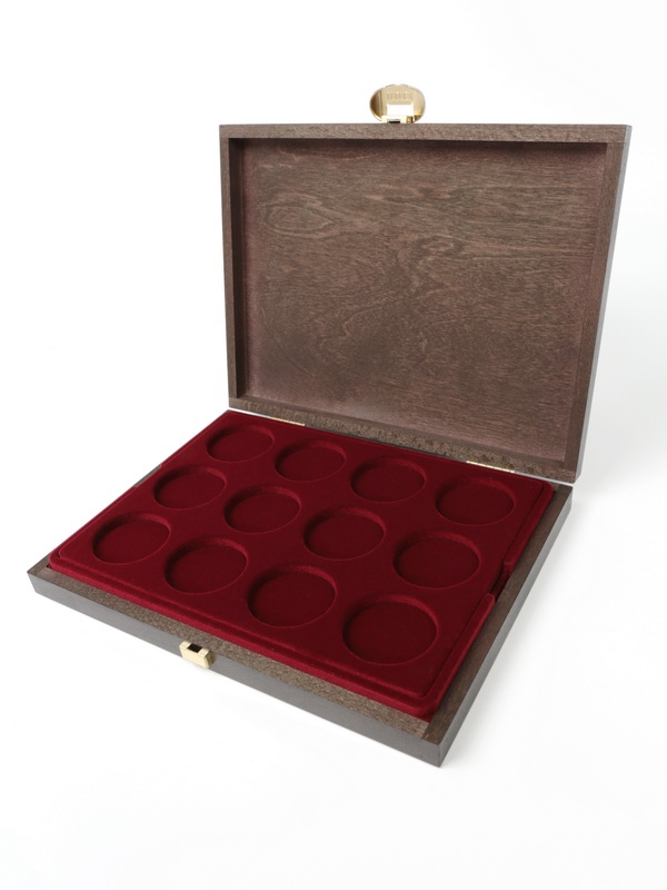 Деревянный футляр Carus XM (248х196х32 мм) для 24 монет в капсулах (диаметр 44 мм). 2 уровня, тёмно-синий