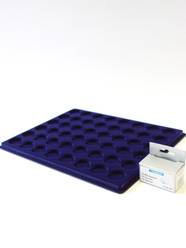  Планшет S (234х296х12 мм) для 48 монет в капсулах CAPS 22 и 22,5 Leuchtturm. Диаметр ячейки 28,5 мм, тёмно-синий