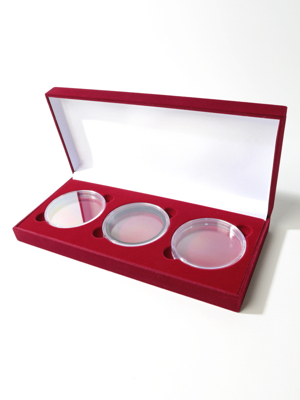 Футляр (260х121х38 мм) для 3 монет в капсулах (диаметр 74 мм), светло-бордовый