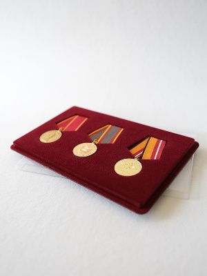 Планшет M (146х236х12 мм) на 3 медали РФ d-32 мм с пятиугольной колодкой