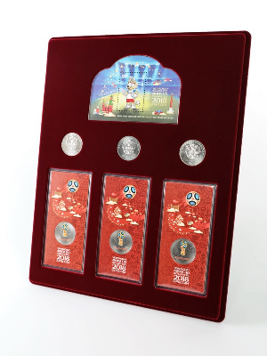 Планшет S (234х296х12 мм) для 3 монет 25 рублей и 3 монет 25 рублей в блистере «Футбол 2018». Талисман