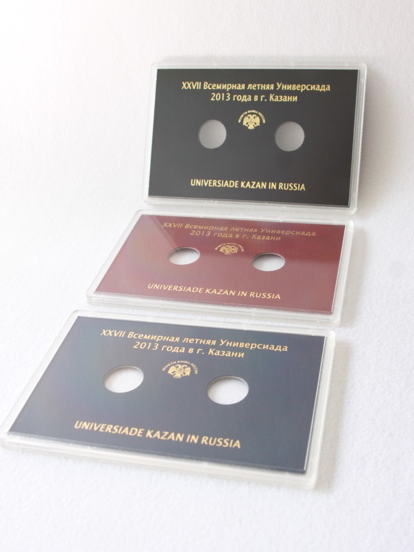  Буклет для хранения монет «XXVII Всемирная летняя Универсиада 2013 года в г. Казани», (русско-английский текст), Вид 3 (в пластике), чёрный