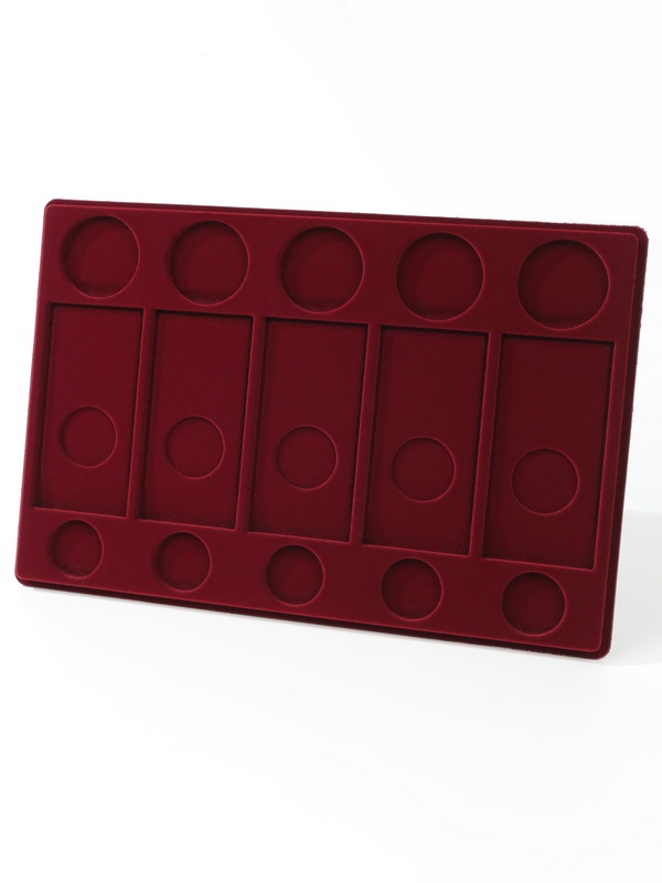  Планшет L (222х333х13 мм) для 5 обычных монет 25 рублей в капсулах Leuchtturm, 5 цветных монет 25 рублей в блистере и 5 серебряных монет 3 рубля в капсулах, тёмно-бордовый