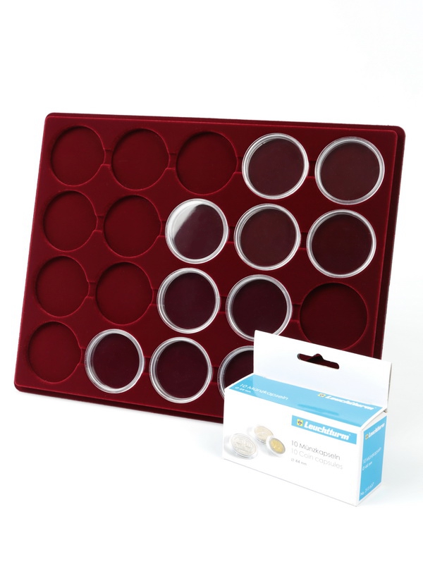 Планшет S (234х296х12 мм) для 20 монет в капсулах CAPS 44 Leuchtturm. Диаметр ячейки 50 мм