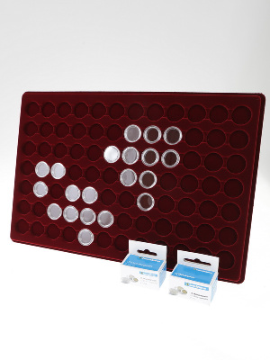 Планшет L (222х333х13 мм) для 84 монет в капсулах CAPS 16, 16,5 и 17 Leuchtturm. Диаметр ячейки 22,5 мм