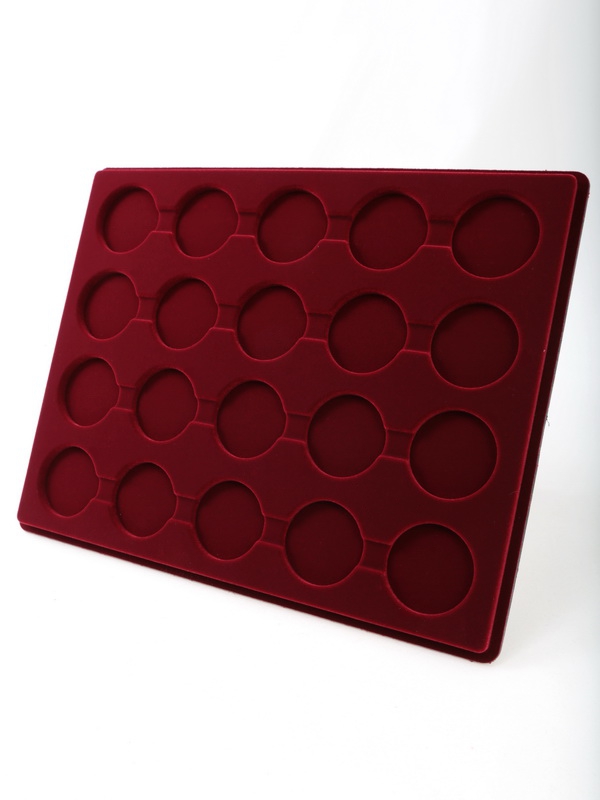  Планшет S (234х296х12 мм) для 20 монет в капсулах CAPS 36 и 37 Leuchtturm. Диаметр ячейки 42,5 мм, тёмно-бордовый