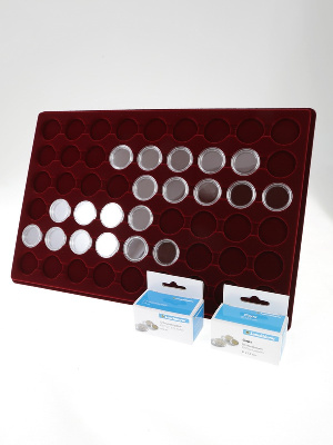 Планшет L (222х333х13 мм) для 54 монет в капсулах CAPS 22 и 22,5 Leuchtturm. Диаметр ячейки 28,5 мм