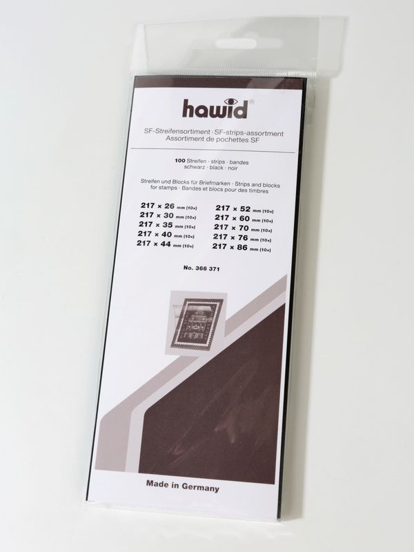 Ассортимент клеммташей для марок и почтовых блоков HAWID, 100 шт (217х26, 217х30, 217х35, 217х40, 217х44, 217х52, 217х60, 217х70, 217х76, 217х86), оборотная сторона чёрная, 366371