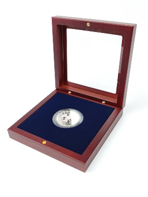 Деревянный футляр с прозрачным окном Volterra (120х120х34 мм) для одной монеты в капсуле (диаметр 44 мм)