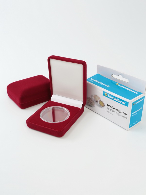  Футляр (61х79х32 мм) для монеты, медали диаметром 39 мм и 40 мм в капсуле Leuchtturm (диаметр ячейки 45 мм), тёмно-синий