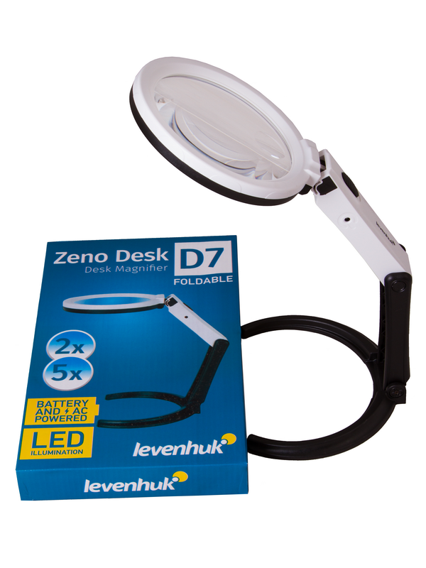 Лупа настольная, 2х и 5-кратное увеличение (120 мм / 28 мм). Levenhuk, Zeno Desk D7, 70443