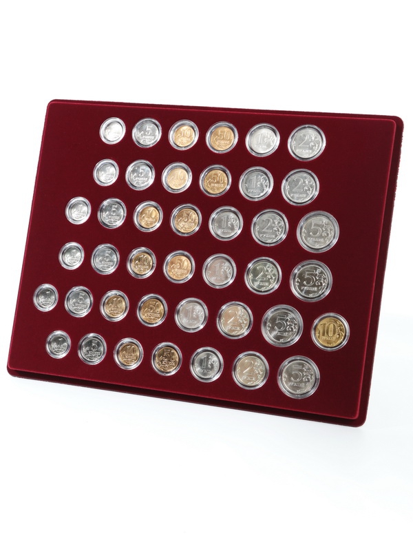  Набор из 6 планшетов S (234х296х12 мм) для монет России регулярного выпуска. 1997–2019. В капсулах Leuchtturm, тёмно-бордовый