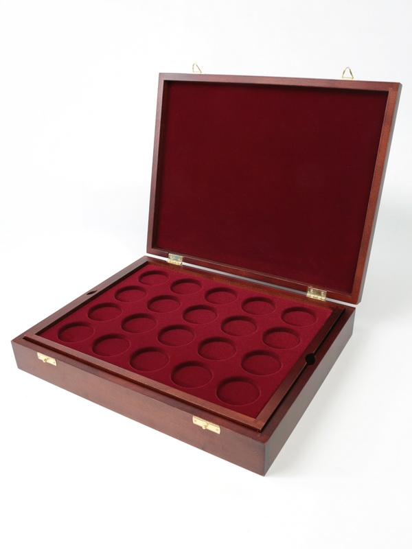  Футляр деревянный Vintage (329х271х61 мм) для 40 монет в капсулах (диаметр 44 мм). 2 уровня, тёмно-бордовый