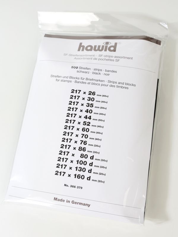 Ассортимент клеммташей для марок и почтовых блоков HAWID, 500 шт (217х26, 217х30, 217х35, 217х40, 217х44, 217х52, 217х60, 217х70, 217х76, 217х80, 217х86, 217x100d, 217x130d, 217х160d), оборотная сторона чёрная, 366379