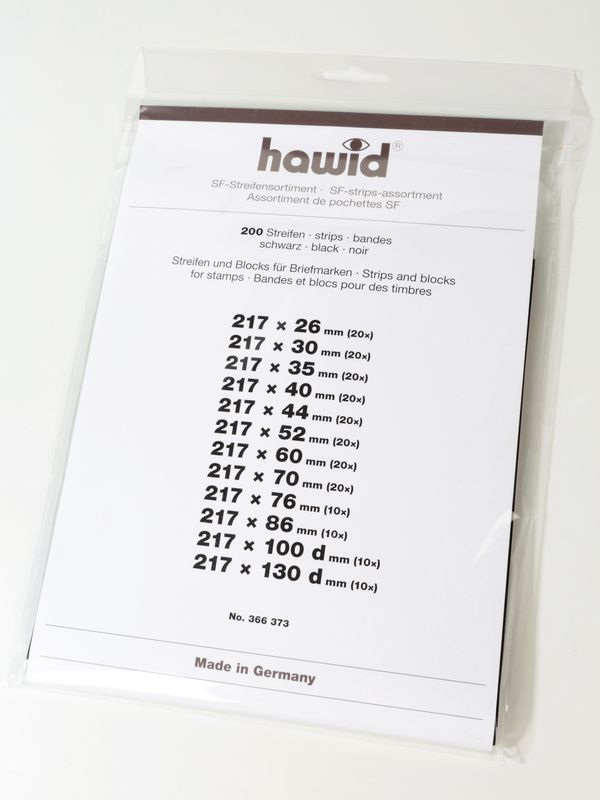 Ассортимент клеммташей для марок и почтовых блоков HAWID, 200 шт (217х26, 217х30, 217х35, 217х40, 217х44, 217х52, 217х60, 217х70, 217х76, 217х86, 217x100d, 217x130d), оборотная сторона чёрная, 366373