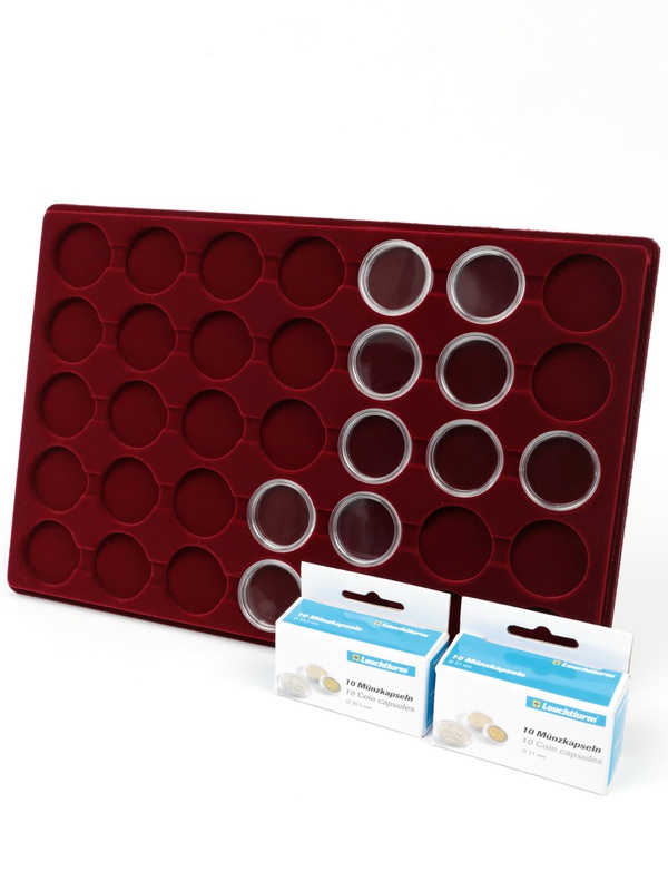 Планшет L (222х333х13 мм) для 35 монет в капсулах CAPS 30,5 и 31 Leuchtturm. Диаметр ячейки 37 мм