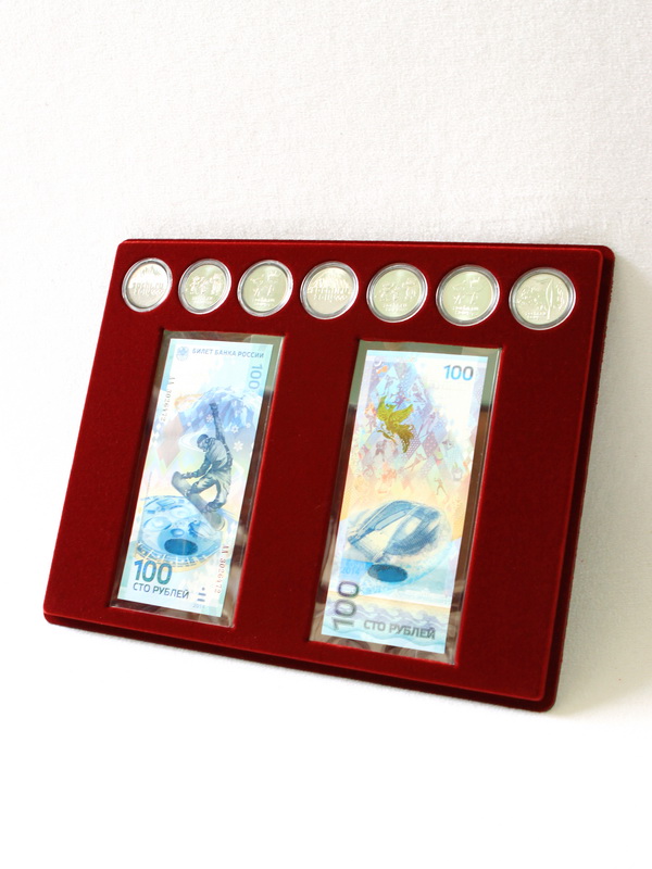 Планшет S (234х296х12 мм) для 2 банкнот Сочи-2014 в чехлах и 7 монет Сочи-2014 в капсулах Leuchtturm (диаметр 33 мм)