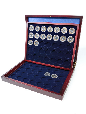 Футляр деревянный Volterra Duo (322х262х50 мм) для 70 монет в капсулах CAPS 26,5 и 27 Leuchtturm. Диаметр ячейки 33 мм. 2 уровня