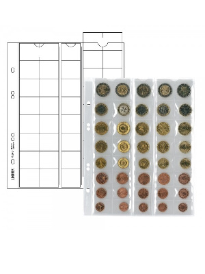 Нумизматические листы системы MULTI COLLECT для размещения 5 комплектов монет евро (каждый комплект на 8 монет). Упаковка из 5 листов и 5 чёрных прокладочных листов. Lindner, MU40