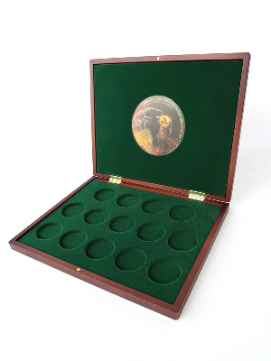 Футляр деревянный Volterra Uno (304х244х31 мм) для 14 серебряных монет Кубок Конфедераций 2017 и Чемпионат мира по футболу 2018 в капсулах. Кубок