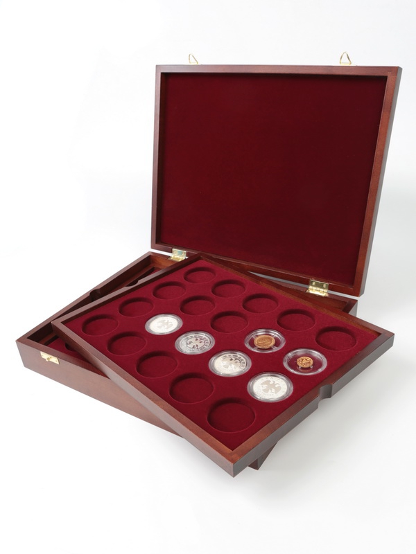 Футляр деревянный Vintage (329х271х61 мм) для 40 монет в капсулах (диаметр 44 мм). 2 уровня