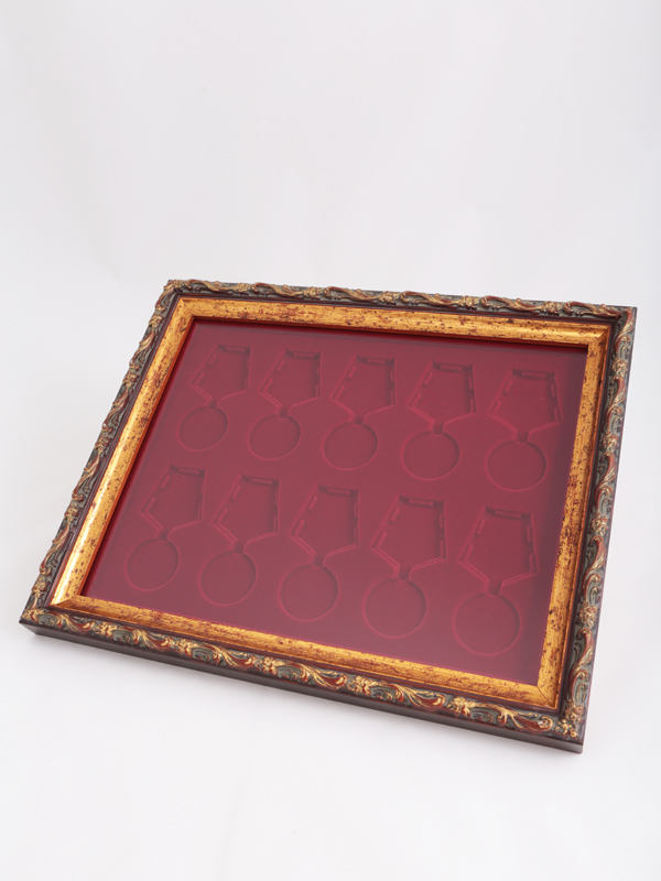  Багетная рамка S серии «Барокко» (золото) на 10 медалей РФ d-37 мм с пятиугольной колодкой, тёмно-синий