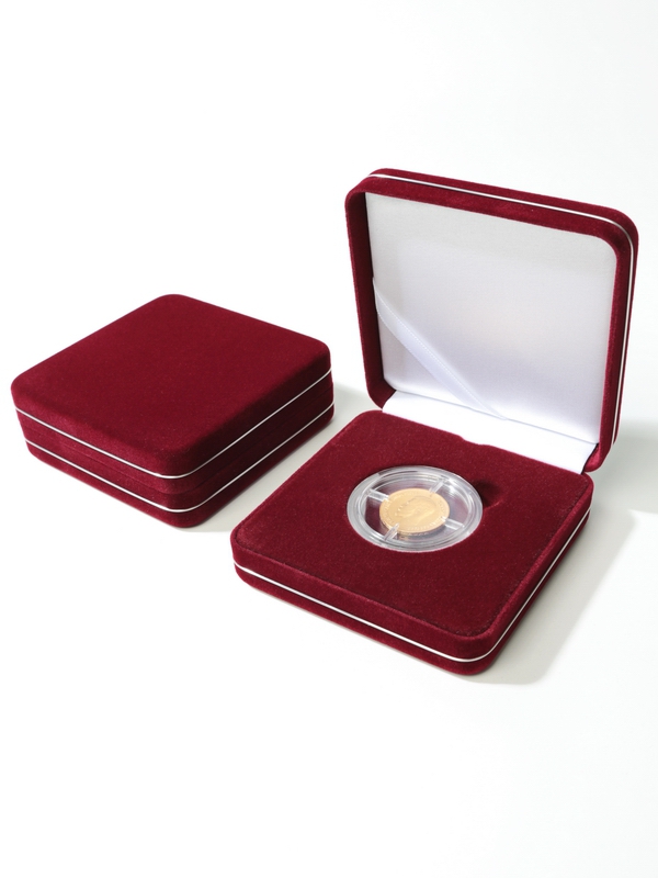 Футляр замшевый (92х92х34 мм) для 1 монеты в капсуле (диаметр 44 мм), тёмно-бордовый
