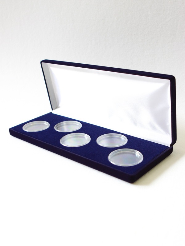 Футляр (255х103х27 мм) для 5 монет в капсулах (диаметр 46 мм),  светло-бордовый