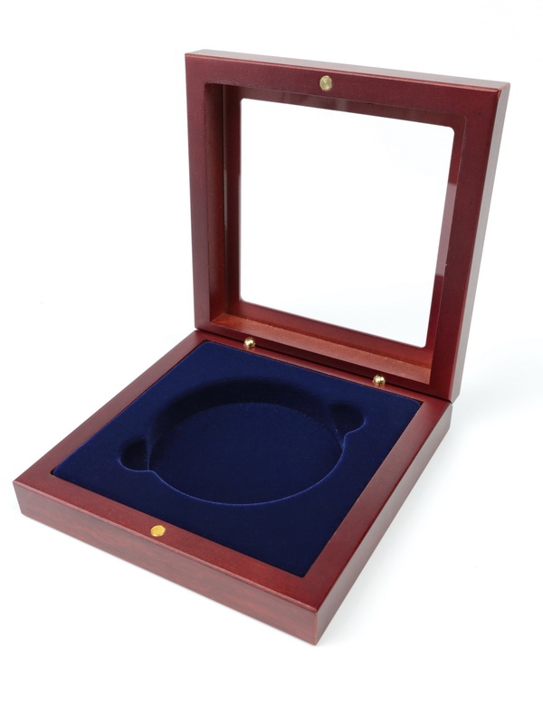  Деревянный футляр с прозрачным окном Volterra (120х120х34 мм) для одной монеты в капсуле (диаметр 74 мм), тёмно-синий