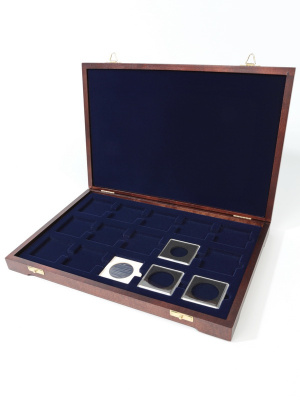  Футляр деревянный Vintage L (342х235х42 мм) на 15 монет в холдерах или капсулах «Quadrum» (50х50х6 мм), тёмно-синий