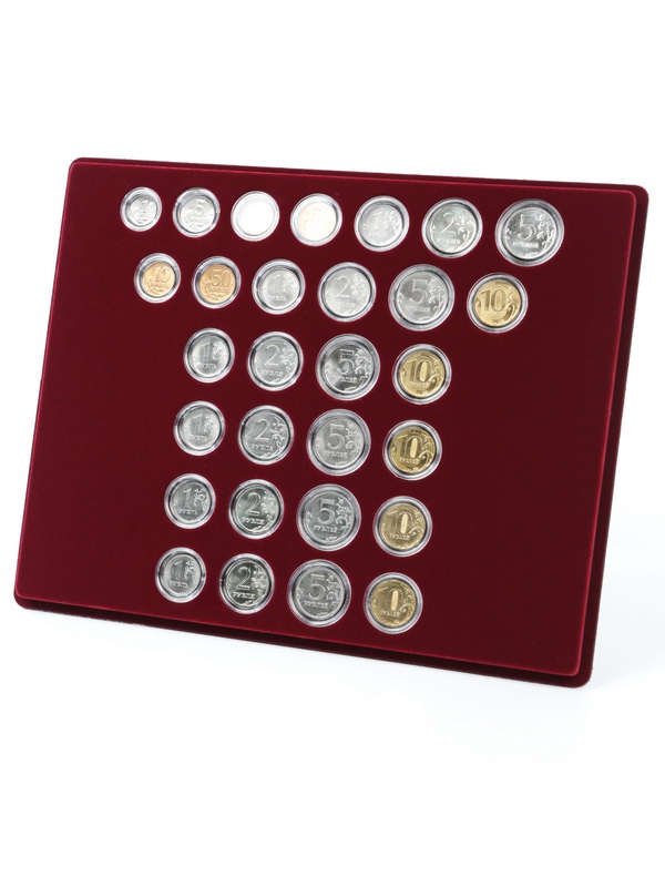  Набор из 6 планшетов S (234х296х12 мм) для монет России регулярного выпуска. 1997–2019. В капсулах Leuchtturm, тёмно-бордовый