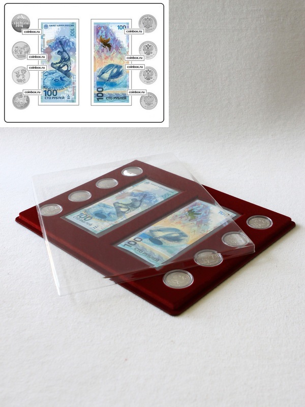  Планшет S (234х296х12 мм) для 2 банкнот Сочи-2014 в чехлах и 8 монет Сочи-2014 в капсулах Leuchtturm (Капсулы в столбик. Диаметр 33 мм), тёмно-бордовый