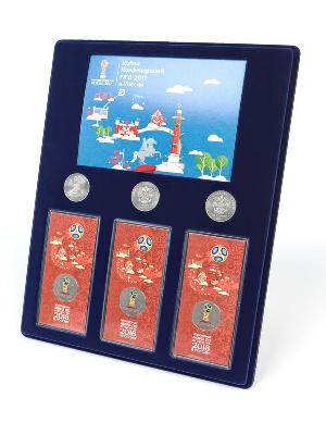 Планшет S (234х296х12 мм) для 3 монет 25 рублей и 3 монет 25 рублей в блистере «Футбол 2018» + Открытка. Санкт-Петербург. Официальная символика