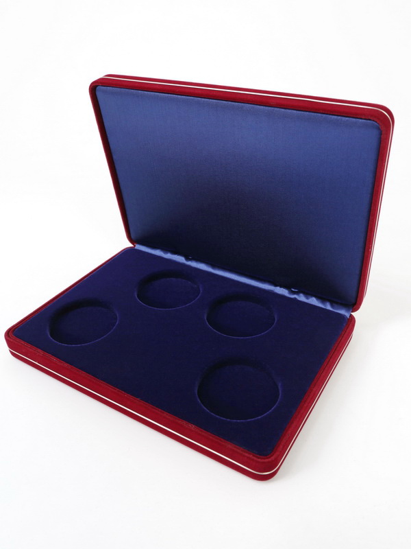  Футляр замшевый (182х128х34 мм) на 4 монеты в капсулах (диаметр 44 мм), тёмно-синий