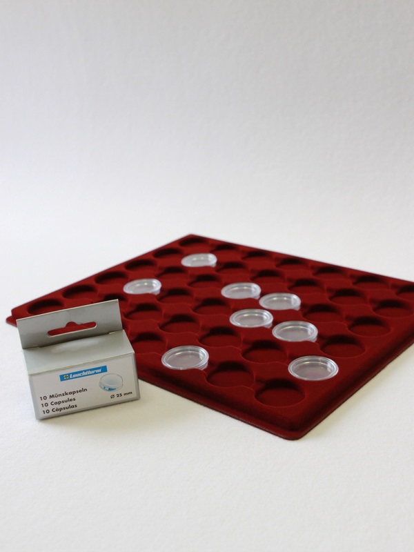  Планшет S (234х296х12 мм) для 42 монет в капсулах CAPS 25 Leuchtturm. Диаметр ячейки 32 мм, тёмно-бордовый