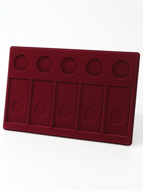  Планшет L (222х333х13 мм) для 5 обычных монет 25 рублей в капсулах и 5 цветных монет 25 рублей в блистере, тёмно-бордовый