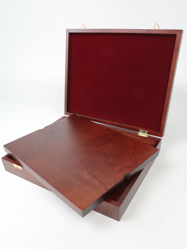  Футляр деревянный Vintage (329х271х61 мм) для серебряных монет «Олимпиада-80» в оригинальных капсулах. 2 уровня, тёмно-бордовый