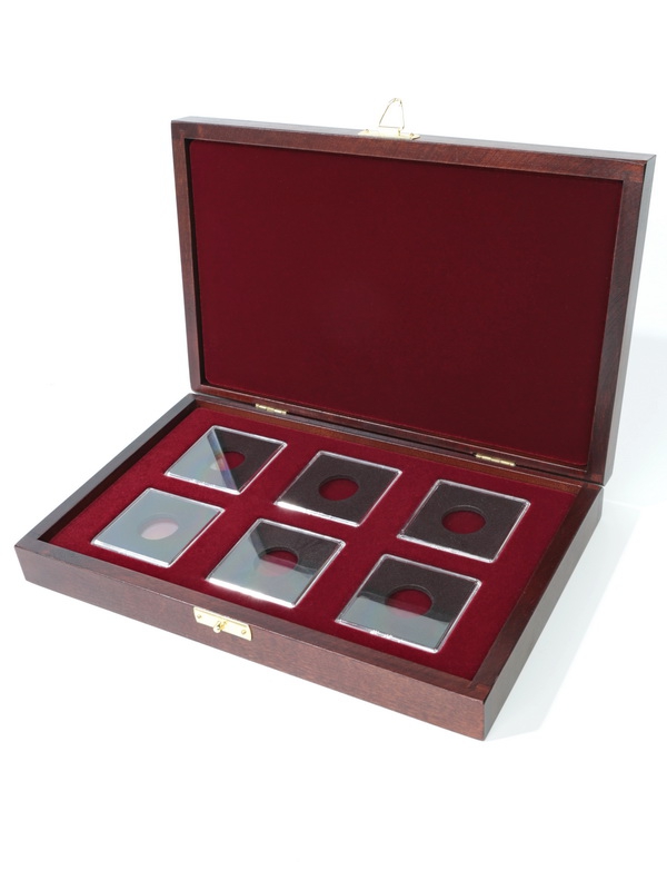 Деревянный футляр Vintage M (244х156х38 мм) для 6 монет в капсулах Quadrum (50х50х6 мм)