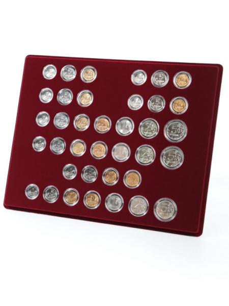  Набор из 6 планшетов S (234х296х12 мм) для монет России регулярного выпуска. 1997–2019. В капсулах Leuchtturm, тёмно-бордовый
