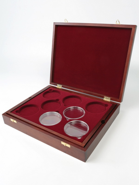  Футляр деревянный Vintage (329х271х61 мм) для 16 монет в капсулах (диаметр 74 мм). 2 уровня, тёмно-бордовый