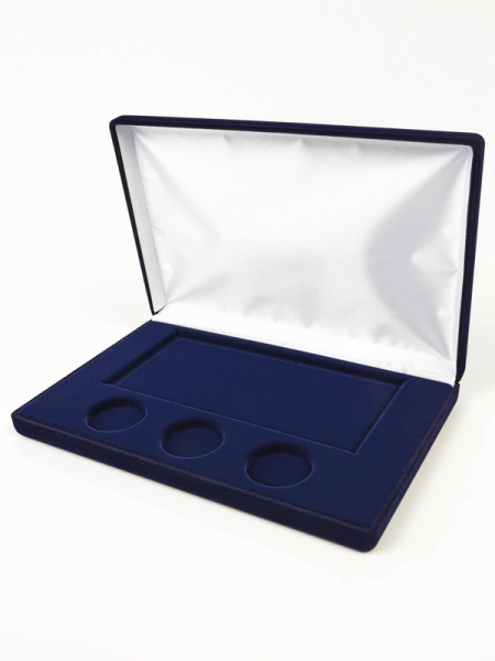  Футляр (217х141х29 мм) для 3 монет 25 рублей в капсулах Leuchtturm и банкноты «Футбол 2018» в чехле, тёмно-синий